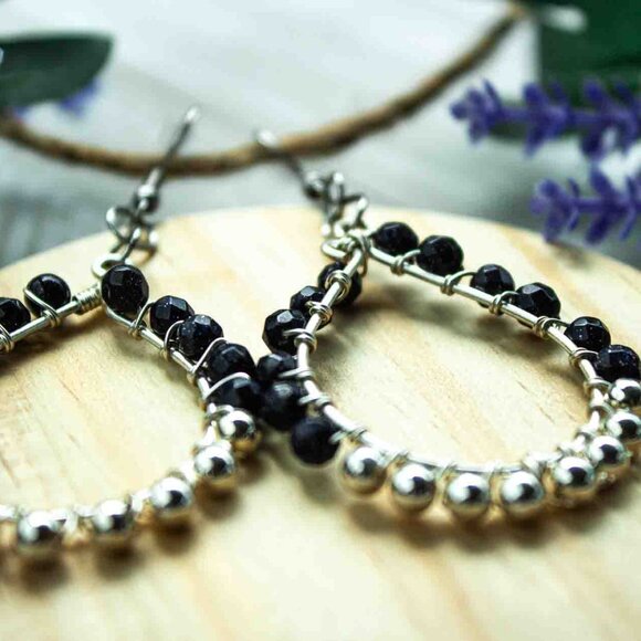 Teardrop Earrings with Blue Sandstone and Silver Accent Beads - Picture 7 of 12